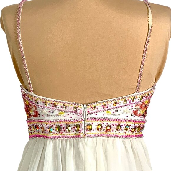 Beaded Custom Pageant Cocktail White Pink Chiffon Dress Beaded Bodice Size S - Picture 8 of 10